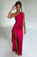 Women's Christmas Dress – Satin, One-Shoulder, Maxi