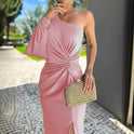 Women's One-Shoulder Twist-Front Midi Dress with Slit