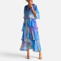 Midi Dress Tiered Wrap Waist V Neck Flutter Sleeve Floral