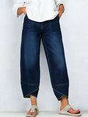 Women's Relaxed Cropped Jeans with Cross Hem Detail