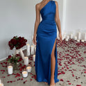 Women's One-Shoulder Satin Maxi Dress with High Split