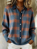 Women's Plaid Button-Down Knit Sweater with Collar