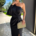 Women's One-Shoulder Twist-Front Midi Dress with Slit
