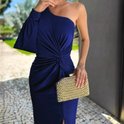 Women's One-Shoulder Twist-Front Midi Dress with Slit