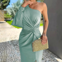 Women's One-Shoulder Twist-Front Midi Dress with Slit