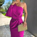 Women's One-Shoulder Twist-Front Midi Dress with Slit