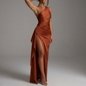 Women's One-Shoulder Satin Maxi Dress with Slit