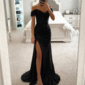 Women's Off-Shoulder Sequin Gown with Side Slit