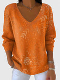 Women's Relaxed V-Neck Sweater with Leaf Pattern
