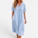 Midi Dress Relaxed Fit V Neck Short Sleeve