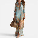 Maxi Dress Button Front Three Quarter Sleeve Printed