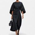 Women's Midi Dress – Belted Waist, Wide Sleeves