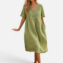 Midi Dress Relaxed Fit V Neck Short Sleeve