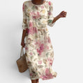 Midi Dress Floral Round Neck Three Quarter Sleeve