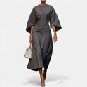 Women's Midi Dress – Belted Waist, Wide Sleeves