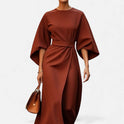 Women's Midi Dress – Belted Waist, Wide Sleeves