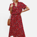 Midi Dress Drawstring Waist Short Sleeve Polka Dot Collared