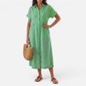 Striped Midi Shirt Dress Button Front Short Sleeve
