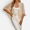 Crochet Cardigan Knit Open Front Three Quarter Sleeve