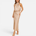 High Neck Satin Midi Dress