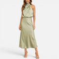 High Neck Satin Midi Dress