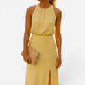 Midi Dress Sleeveless Gathered Round Neck Side Slit
