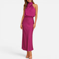 High Neck Satin Midi Dress