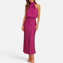 High Neck Satin Midi Dress