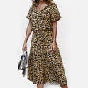 Midi Dress Drawstring Waist Short Sleeve Polka Dot Collared