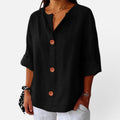Blouse Button Front Linen Look V Neck Half Sleeve