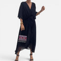 Maxi Dress Tie Waist V Neck Three Quarter Sleeve