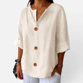Blouse Button Front Linen Look V Neck Half Sleeve