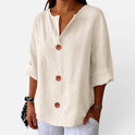 Blouse Button Front Linen Look V Neck Half Sleeve
