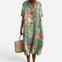 Midi Dress Floral Print V Neck Short Sleeve Casual