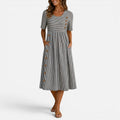 Midi Dress Striped Button Detail Short Sleeve