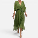 Maxi Dress Tie Waist V Neck Three Quarter Sleeve