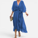 Maxi Dress Tie Waist V Neck Three Quarter Sleeve