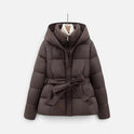 Puffer Jacket Belted Hooded Long Sleeve Zip Front