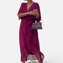 Maxi Dress Tie Waist V Neck Three Quarter Sleeve