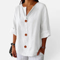Blouse Button Front Linen Look V Neck Half Sleeve
