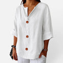 Blouse Button Front Linen Look V Neck Half Sleeve