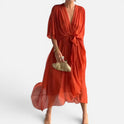 Maxi Dress Tie Waist V Neck Three Quarter Sleeve