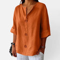 Blouse Button Front Linen Look V Neck Half Sleeve