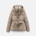 Puffer Jacket Belted Hooded Long Sleeve Zip Front