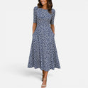 Midi Dress Floral Round Neck Half Sleeve