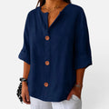 Blouse Button Front Linen Look V Neck Half Sleeve