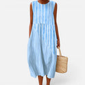 Midi Dress Sleeveless Loose Fit Round Neck Striped