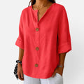 Blouse Button Front Linen Look V Neck Half Sleeve