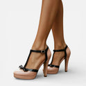 Pumps T Strap Platform Round Toe Bow Detail