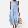 Midi Dress Sleeveless Loose Fit Round Neck Striped